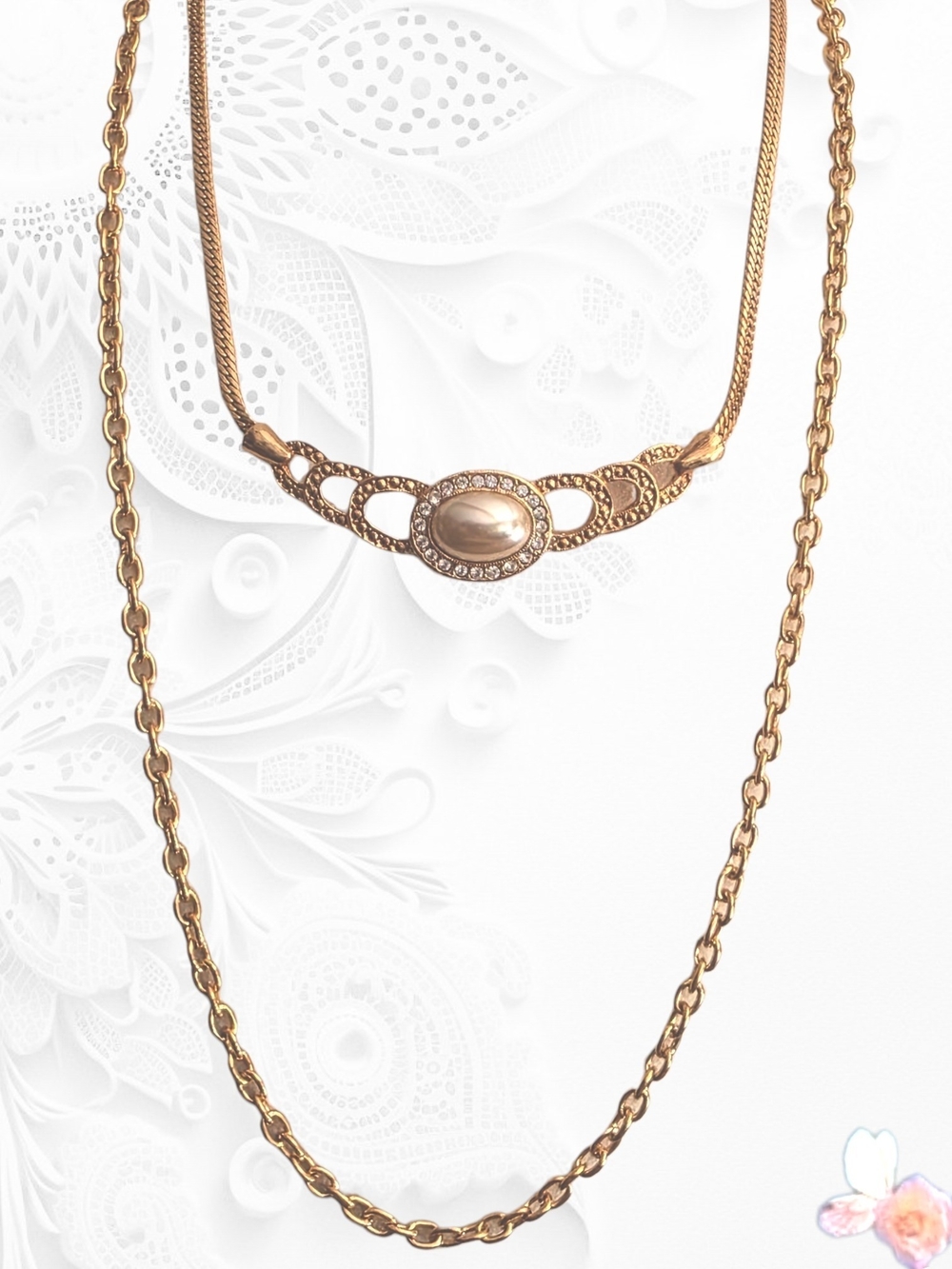 Princess House Choker Necklace Oval Pearl & Rhinestone + 24" Gold Link Chain